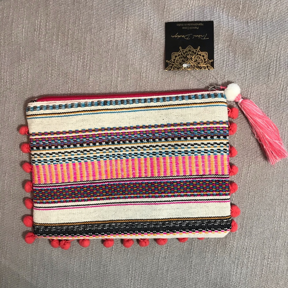 Tribal Embroidered Bag Pencil Case Tassel Pom Pom